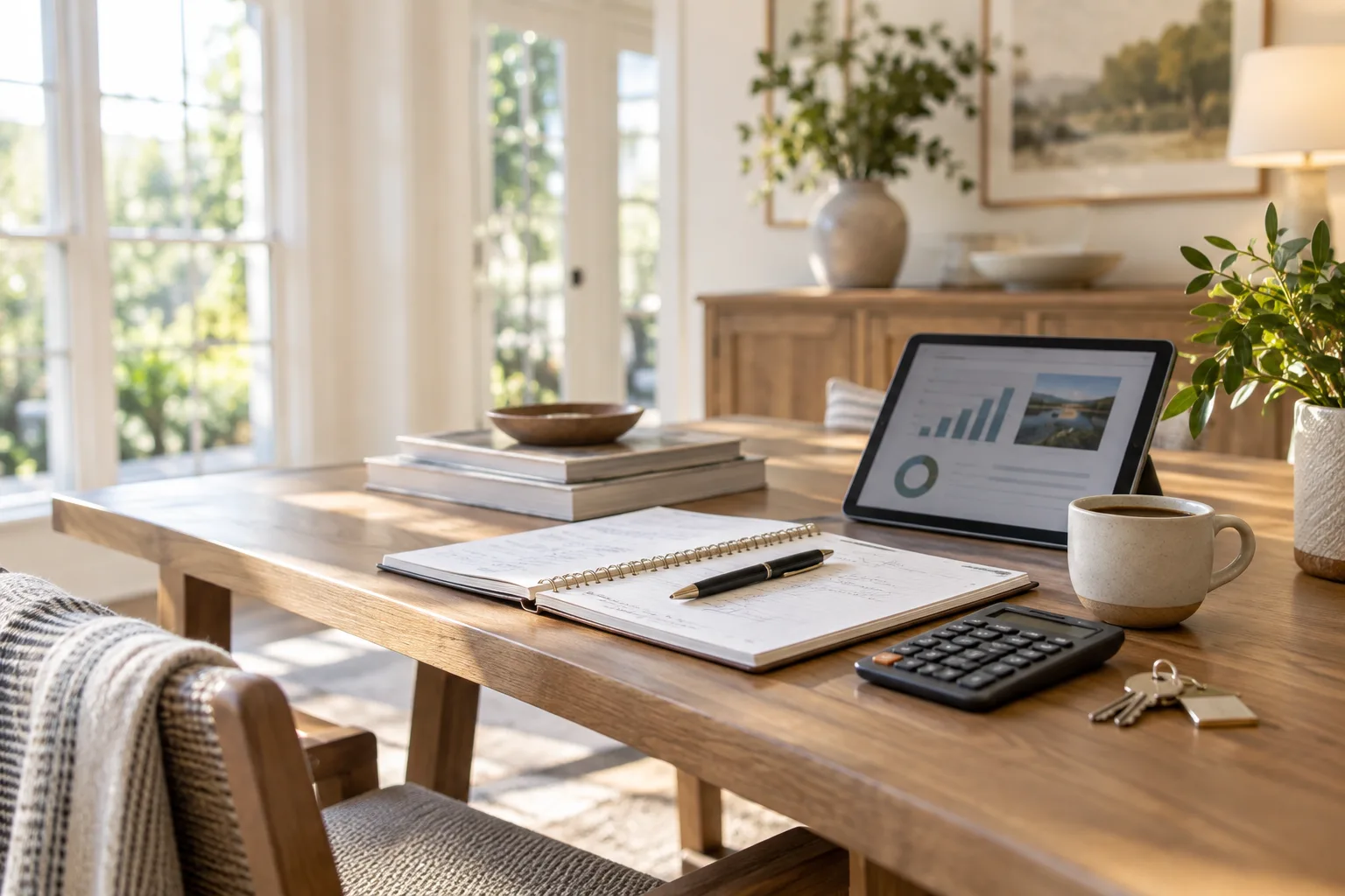 Sunlit table with a planning notebook, calculator, tablet, coffee, and house keys